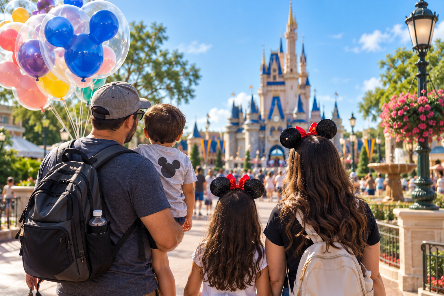 Family of four watching Cinderella Castle at Disney theme park. The father carries a young boy, and the two girls wear Minnie Mouse ears. The family is surrounded by balloons near a flower bed, with a bright blue sky in the background.