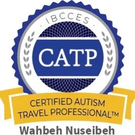Certification badge for a Certified Autism Travel Professional, featuring a blue and white circular design with the acronym CATP and the name Wahbeh Nuseibeh.