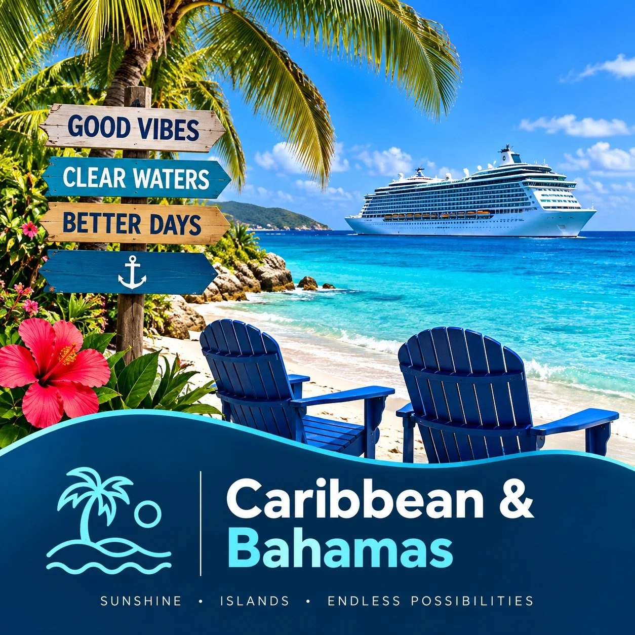 A tropical beach scene with a large cruise ship in the ocean, surrounded by clear blue waters, palm trees, pink flowers, and two blue chairs facing the water. A wooden sign with messages like 'Good Vibes,' 'Clear Waters,' and 'Better Days' is seen, along with a blue banner reading 'Caribbean & Bahamas' and the slogan 'Sunshine, Islands, Endless Possibilities'.