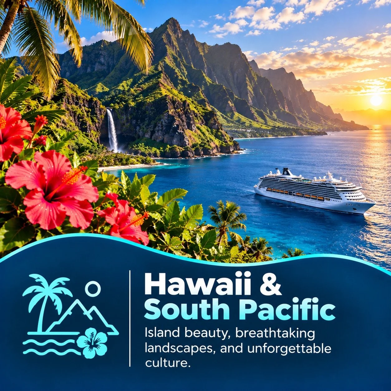 A scenic tropical landscape featuring lush green mountains, a waterfall, a calm blue ocean with a cruise ship, and a sunset sky. The foreground shows vibrant pink hibiscus flowers and palm trees. The lower part of the image contains text promoting Hawaii and the South Pacific.