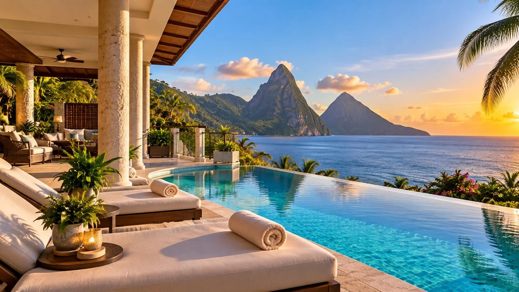 Luxury outdoor infinity pool overlooking the ocean with a mountain landscape at sunset, surrounded by tropical plants and a shaded lounge area with seating and rolled towels.