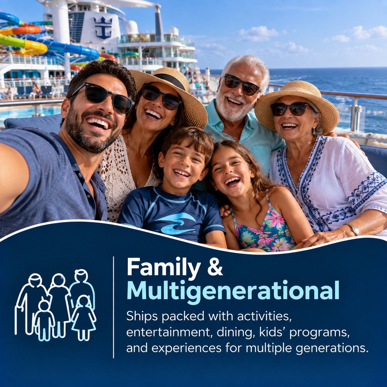 A multi-generational family on a cruise ship taking a selfie with water slides and the ocean in the background, smiling and enjoying their vacation.