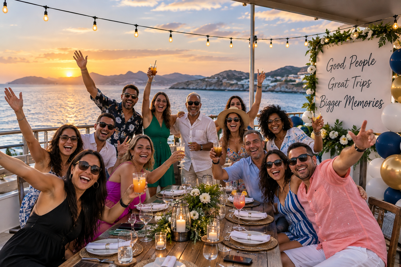A group of cheerful people celebrating at a sunset on a boat with a scenic water and mountain view, decorated with flowers and balloons, with a table set for dinner.