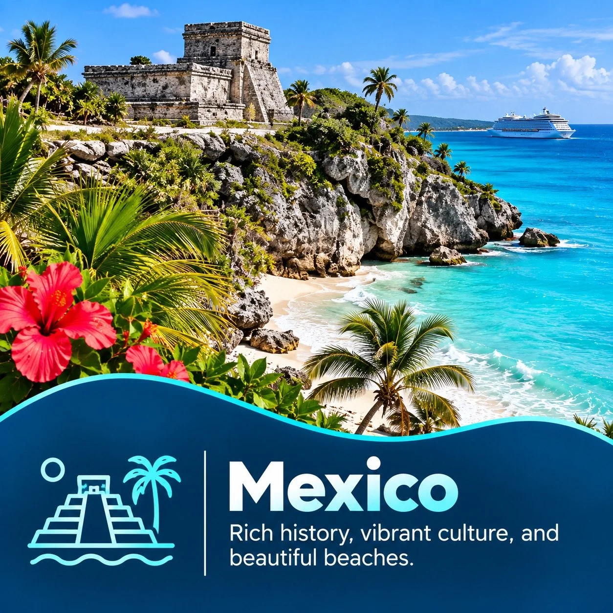 Beautiful beach in Mexico with turquoise waters, palm trees, colorful flowers, ancient ruins on a rocky hill, and a cruise ship in the ocean. A banner at the bottom reads 'Mexico' with the text 'Rich history, vibrant culture, and beautiful beaches.'