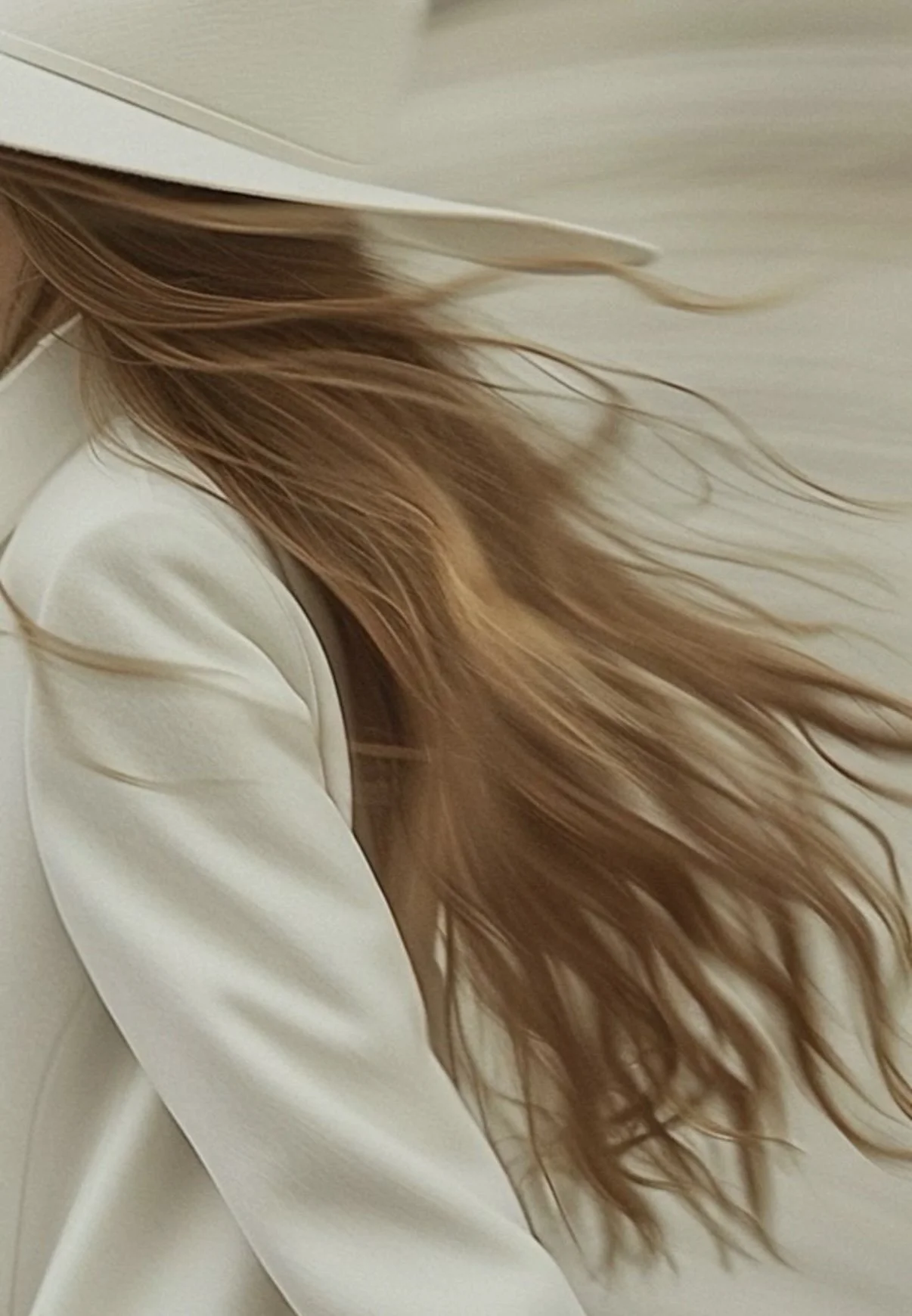 Close-up of a woman with long, wavy, auburn hair, wearing a white hat and a white blazer, standing against a neutral background.