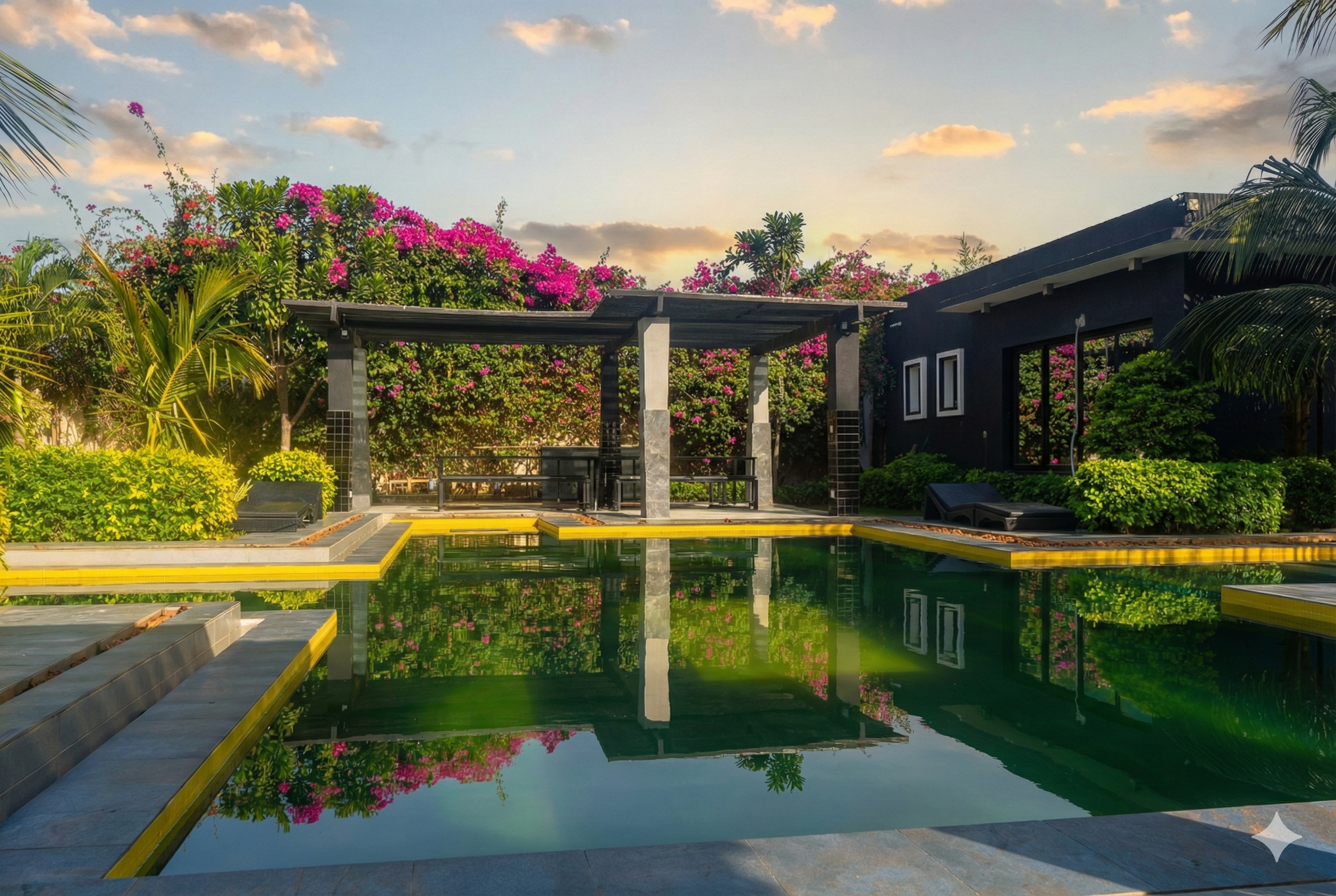 3 villas regroupées autour d'une piscine extérieure dans une végétation luxuriante.
