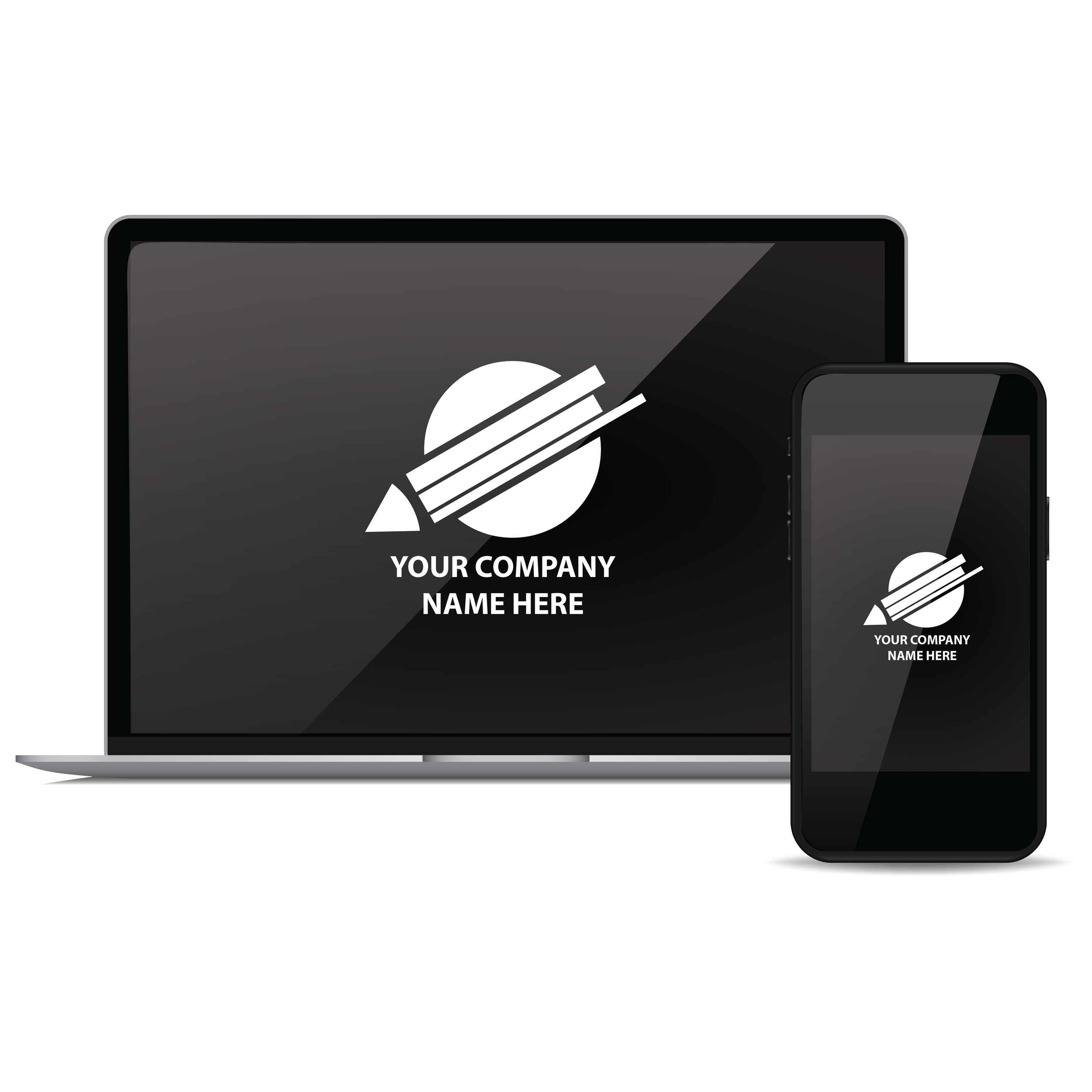 Black smartphone and silver laptop displaying a logo with a white circle, three parallel lines, and a triangle, with placeholder text 'Your Company Name Here' on a black background.