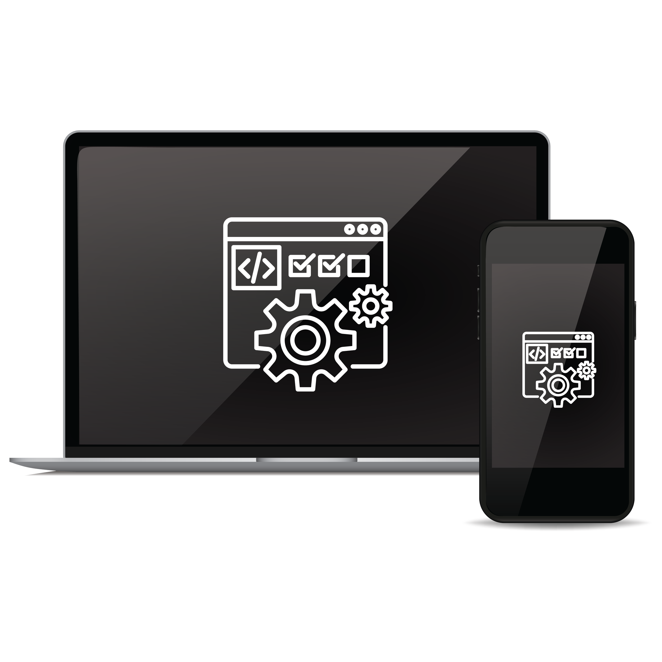 Laptop and smartphone with software development and coding icons displayed on the screens.