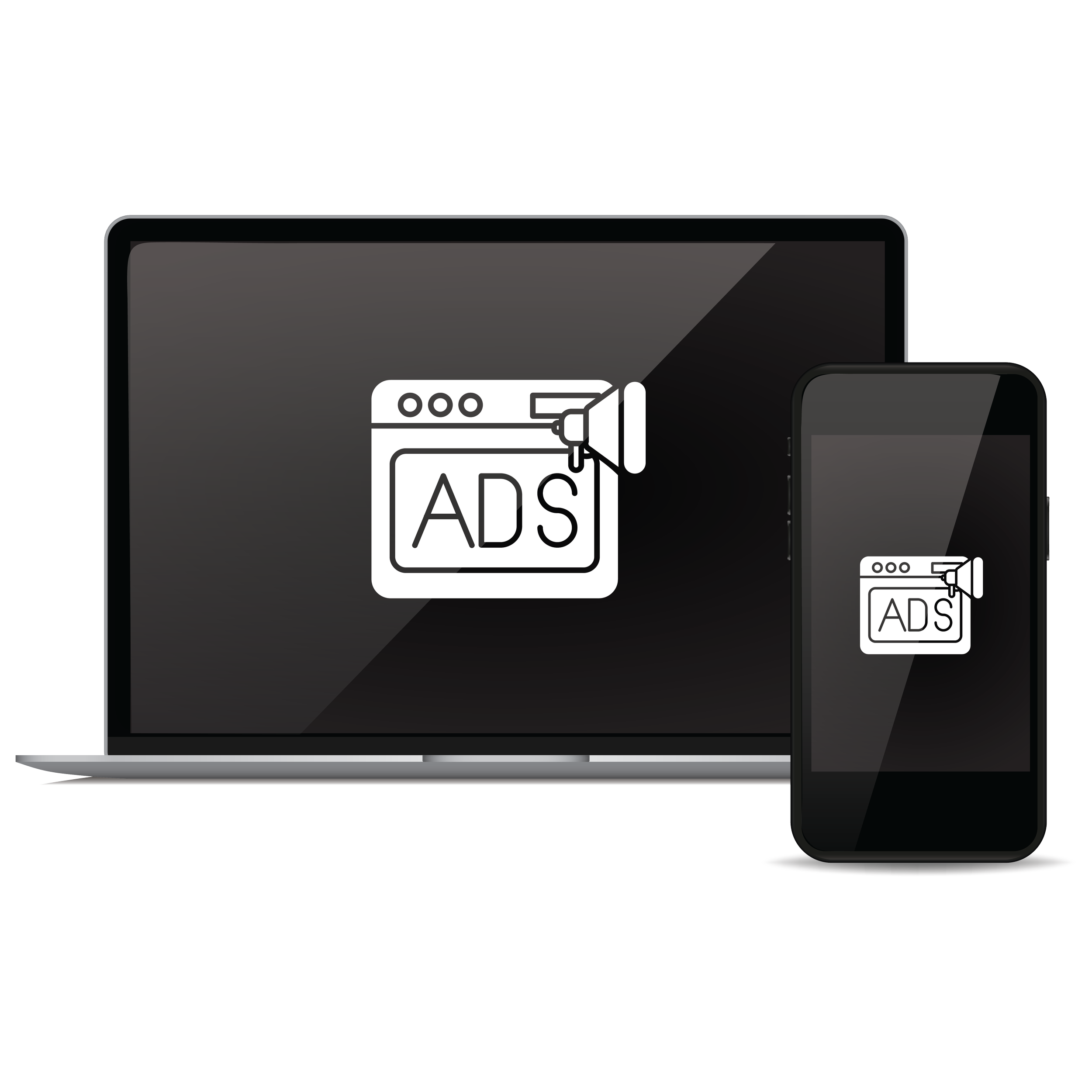 Digital illustration of a computer and smartphone screens displaying an icon of a web browser window with a megaphone and the word 'ADS'.