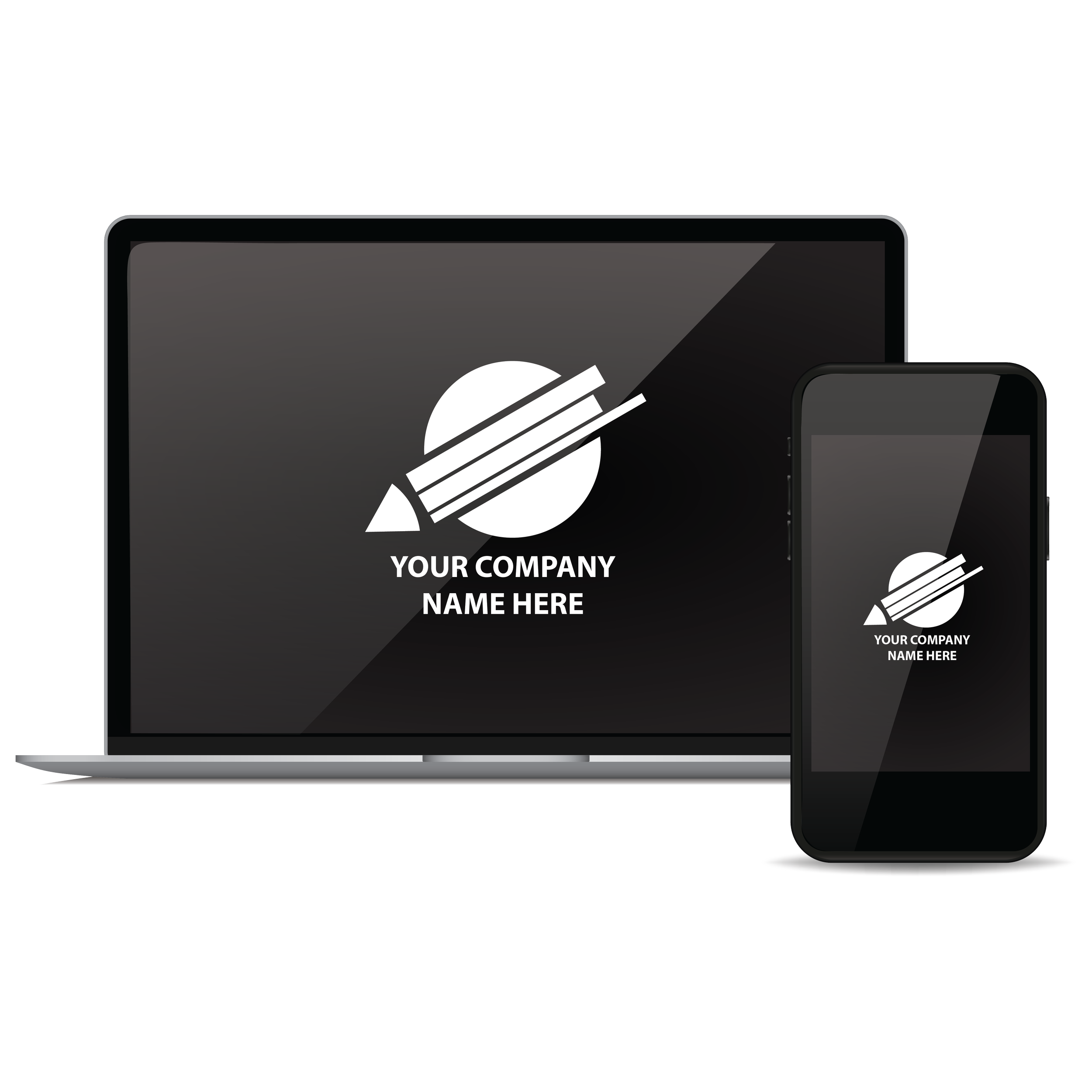 Black digital devices, a laptop and a smartphone, displaying a company logo with a white circular shape and lines resembling pencil strokes, along with the text "Your Company Name Here".