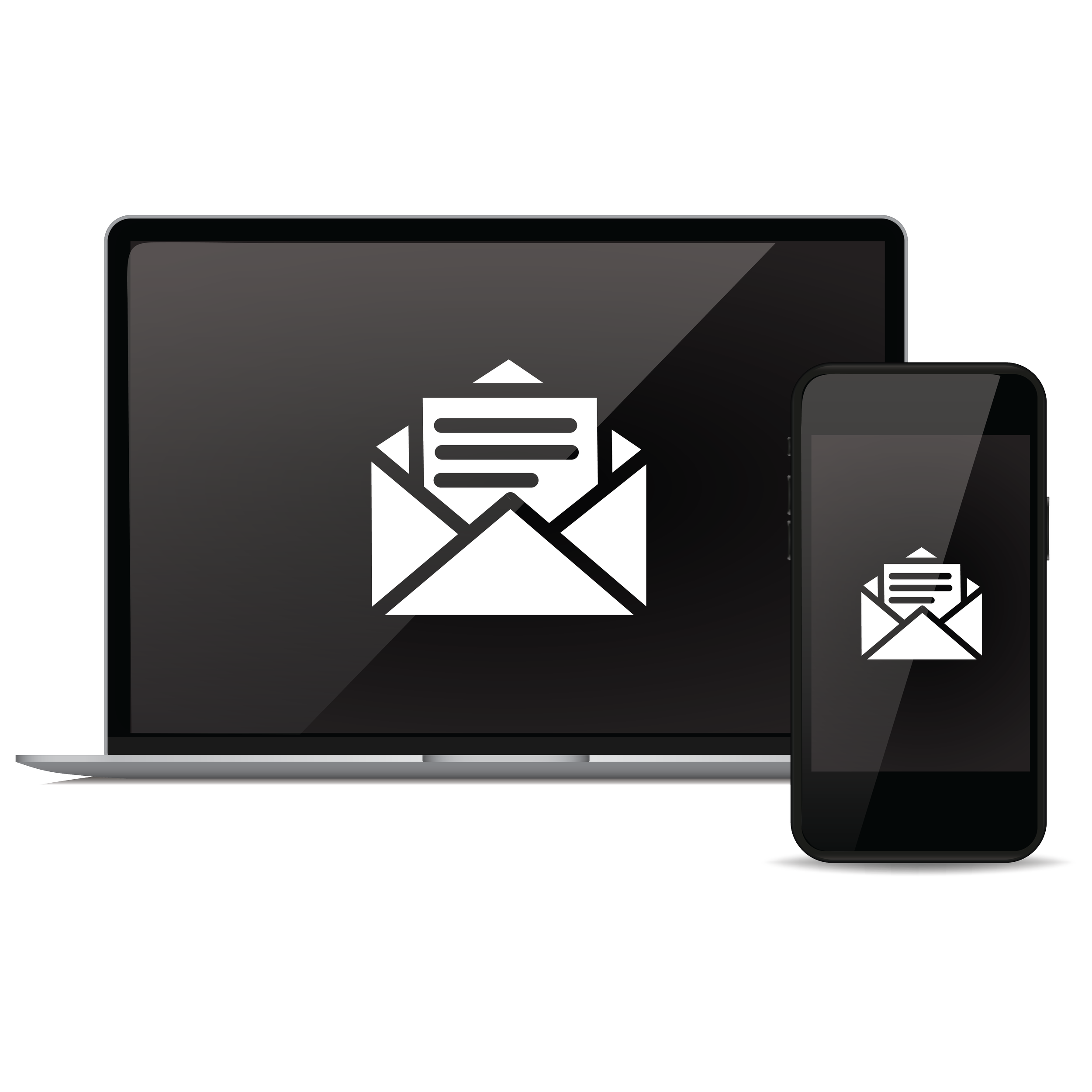 Laptop and smartphone displaying a black and white email icon with an open envelope and a letter inside.