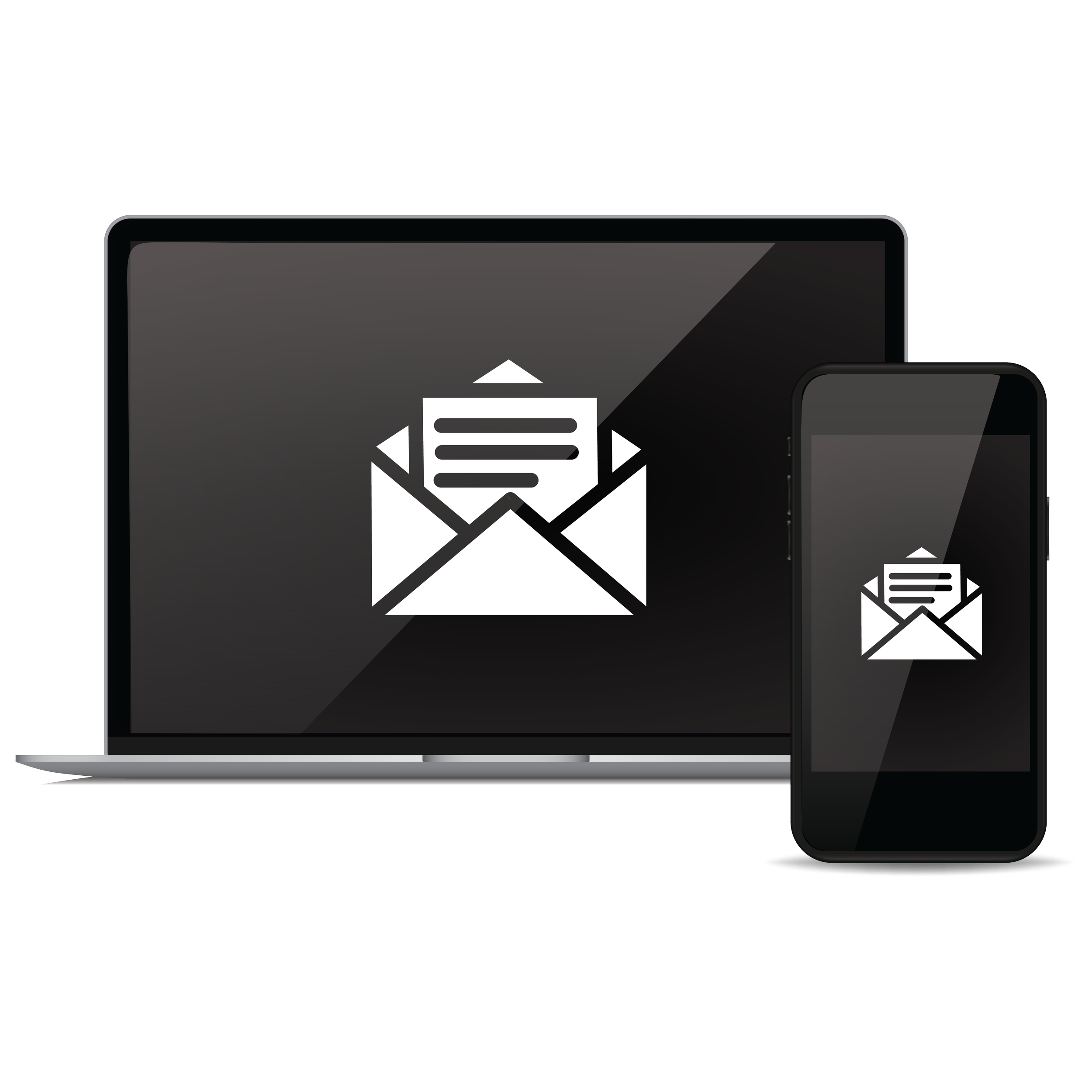 A digital illustration of a laptop and a smartphone, both displaying a white envelope with a letter icon inside.