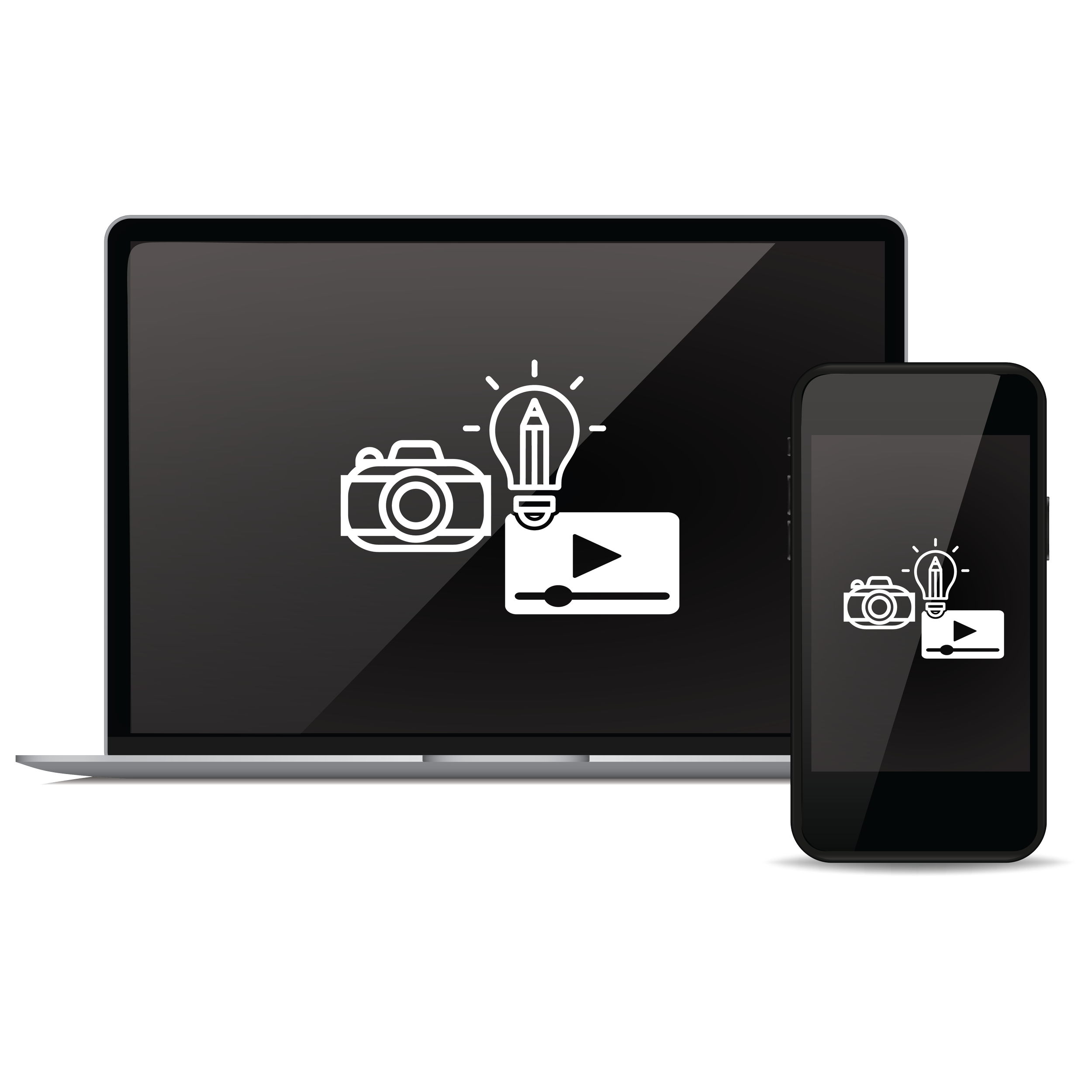 Laptop and smartphone screens displaying icons of a camera, light bulb with a pencil, and a video play button.