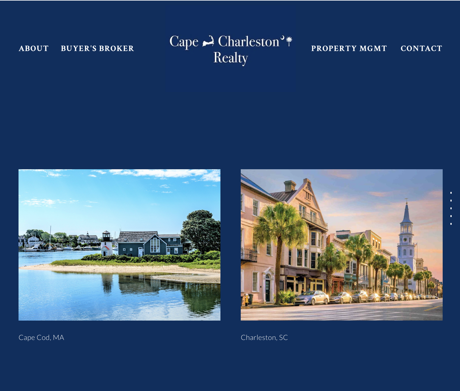 Two photos of cities displayed side by side on a blue background. The left photo shows a coastal scene in Cape Cod, MA with water, boats, and houses. The right photo shows a street scene in Charleston, SC with historic buildings, palm trees, and cars.