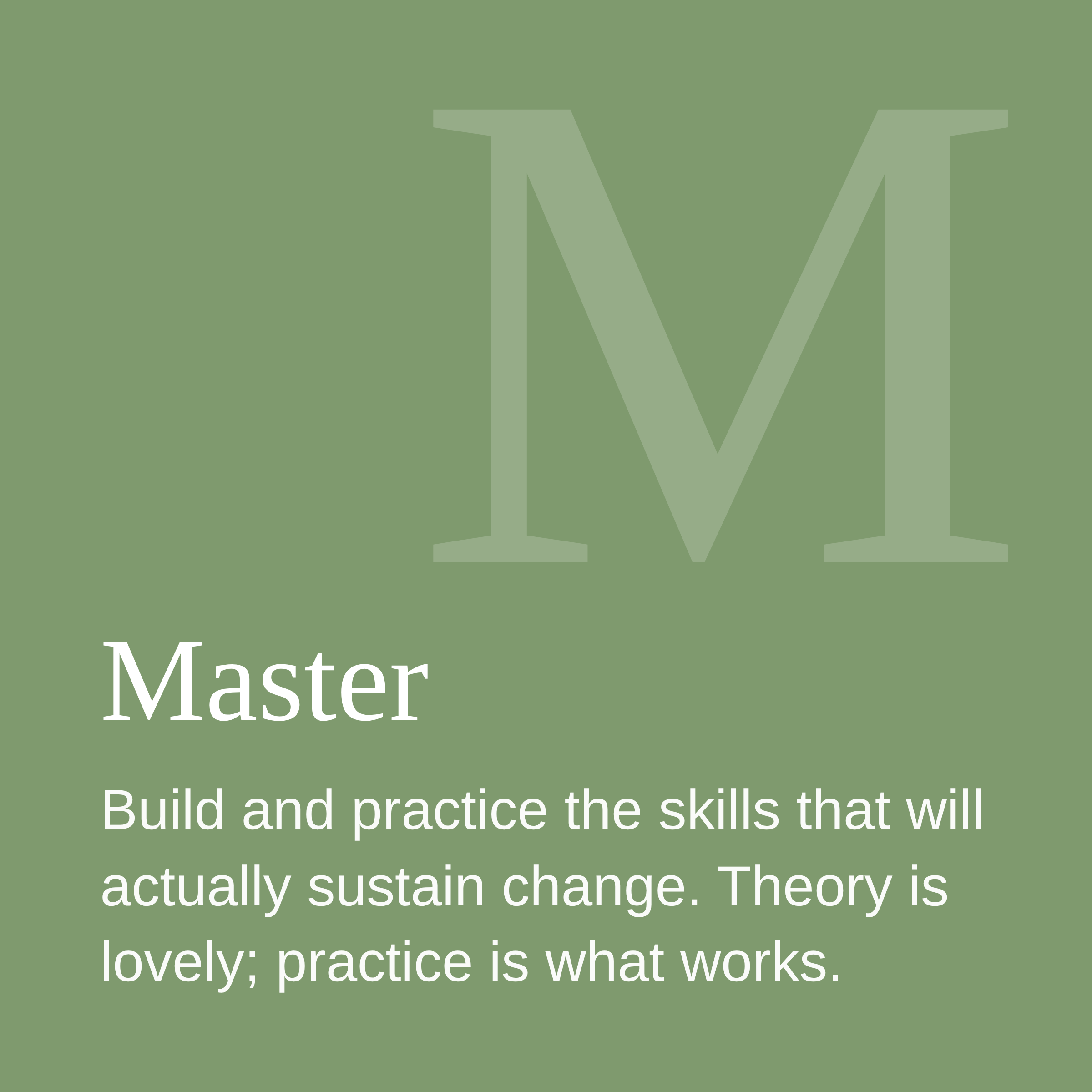 A green background with large, overlapping letters 'M' and 'V'. The text below reads: 'Master' and 'Build and practice the skills that will actually sustain change. Theary is lovely, practice is what works.'