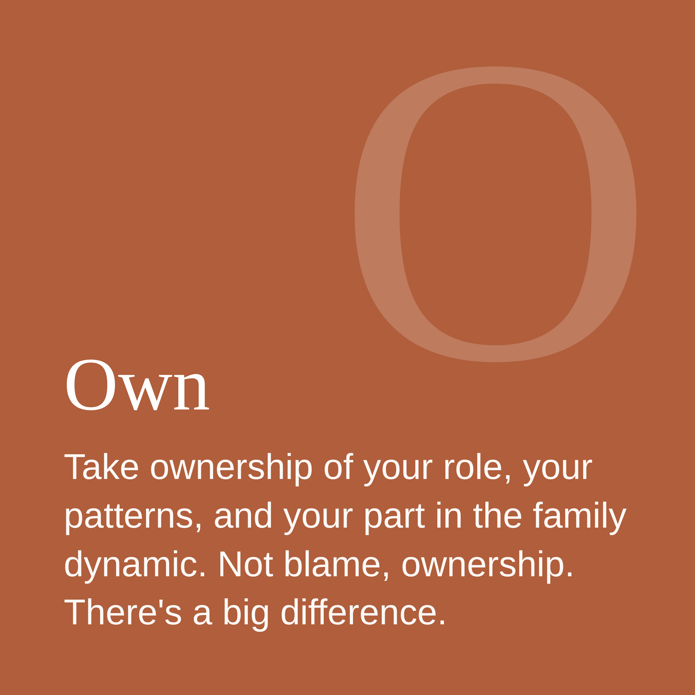 A digital graphic with a brown background, featuring a large, light-colored letter 'O' and white text emphasizing ownership and responsibility, mentioning taking ownership of your role and the differences it makes.