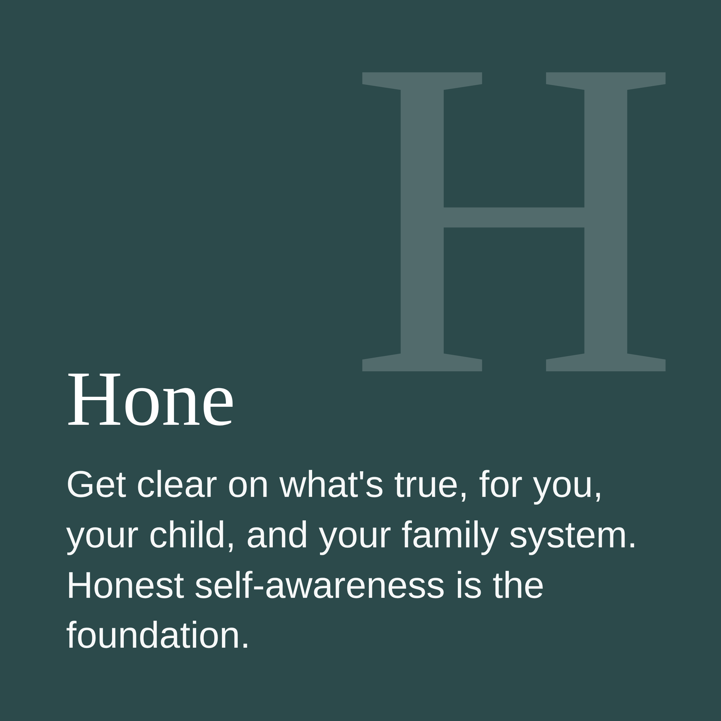 A graphic with a large letter H and accompanying text emphasizing the importance of honesty in self-awareness, family, and foundation.