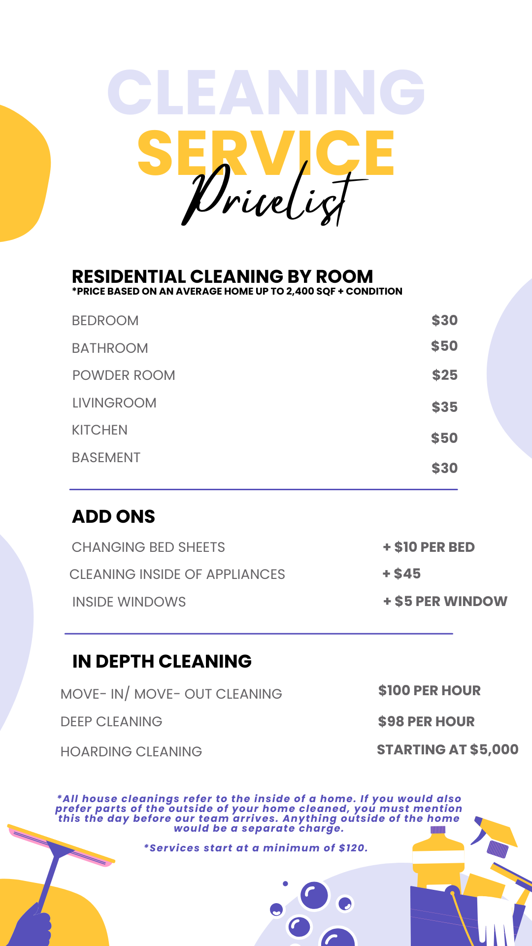 Cleaning service price list for residential rooms, including prices for bedrooms, bathrooms, powder rooms, living rooms, kitchens, and basements, with add-ons and in-depth cleaning options.