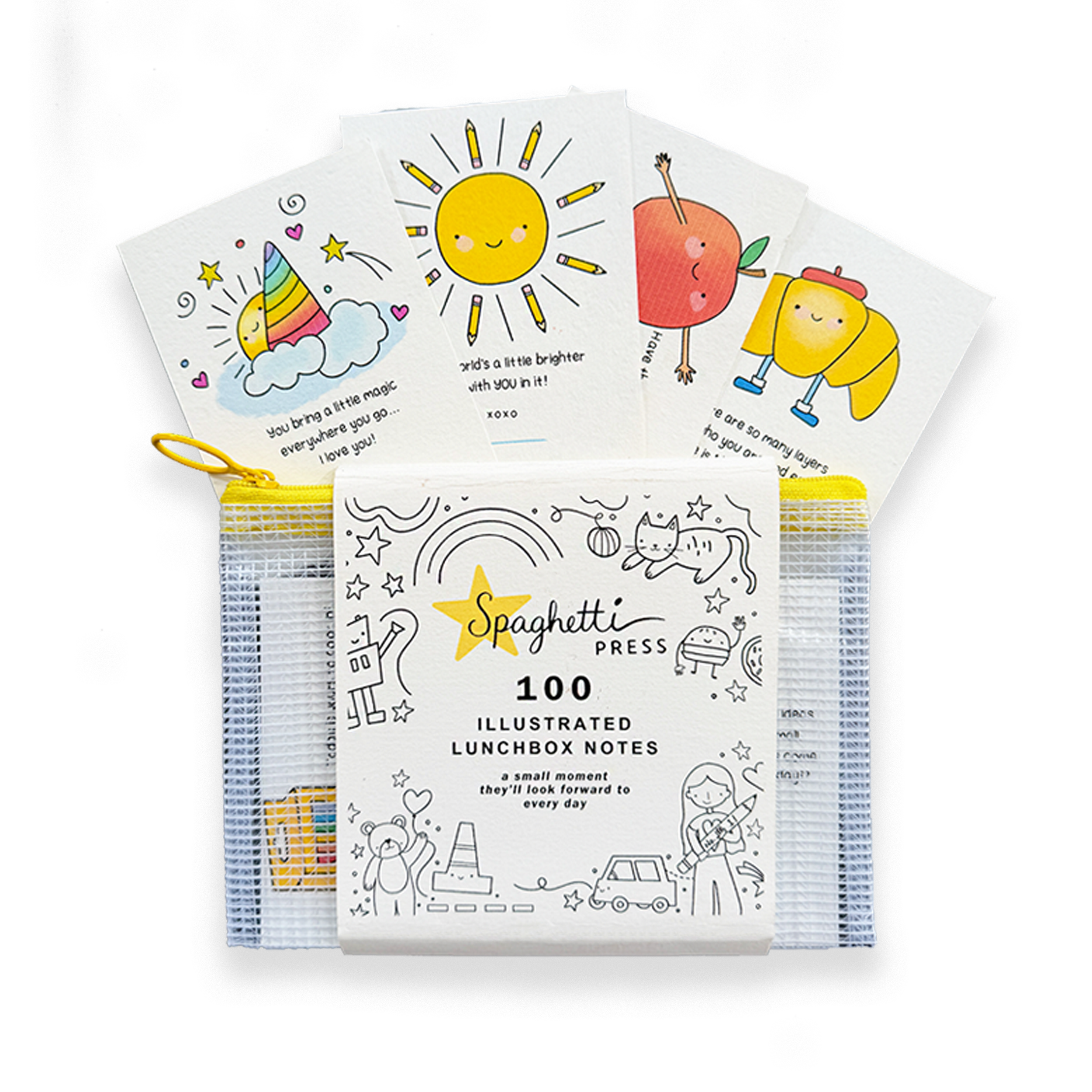 Spaghetti Press hand-drawn lunchbox notes for kids in a clear zipper storage pouch with cute illustrations for kid's at school