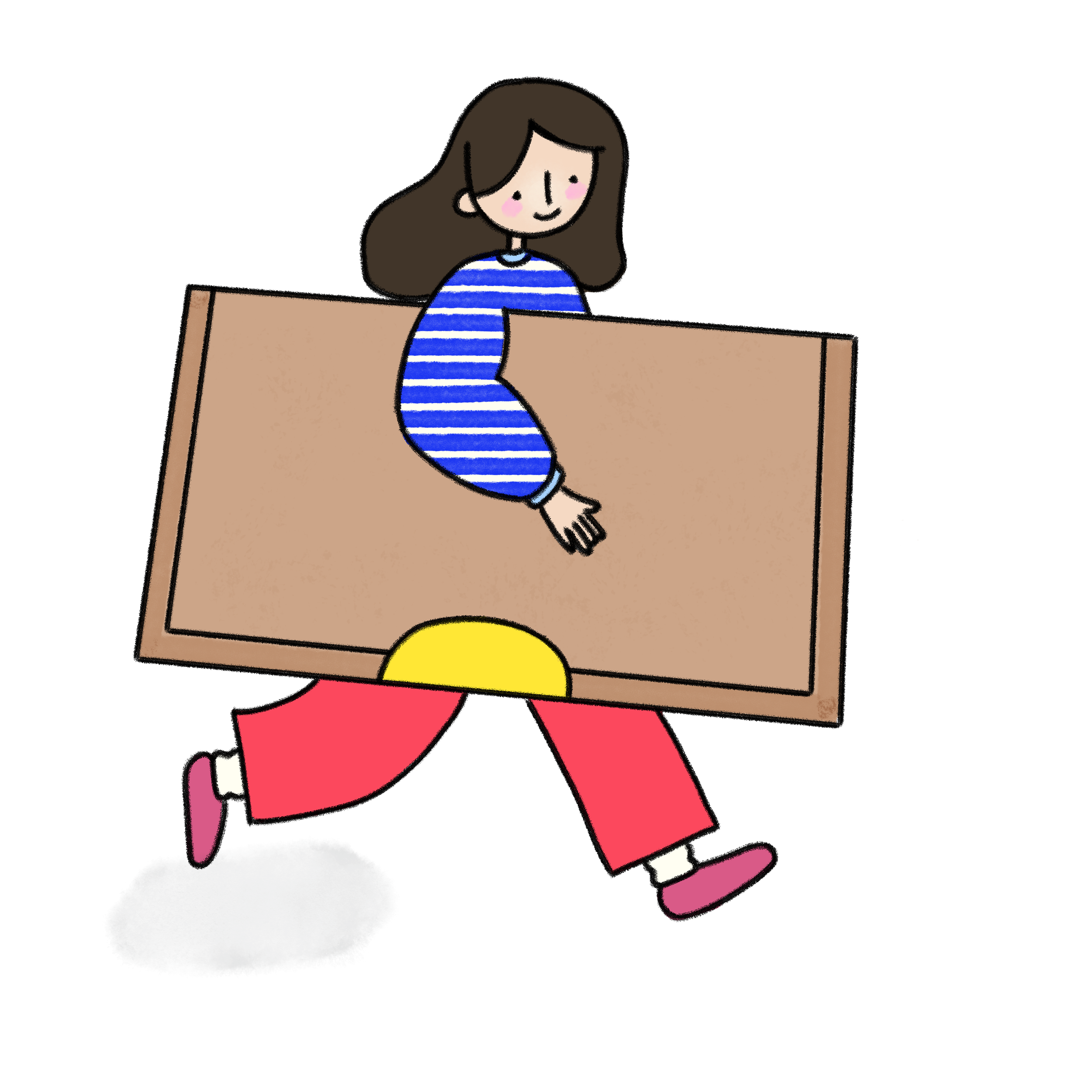 A digital drawing of a girl with long brown hair, pink cheeks, and a blue and white striped shirt, sitting at a desk in front of a computer. The girl appears to be smiling.