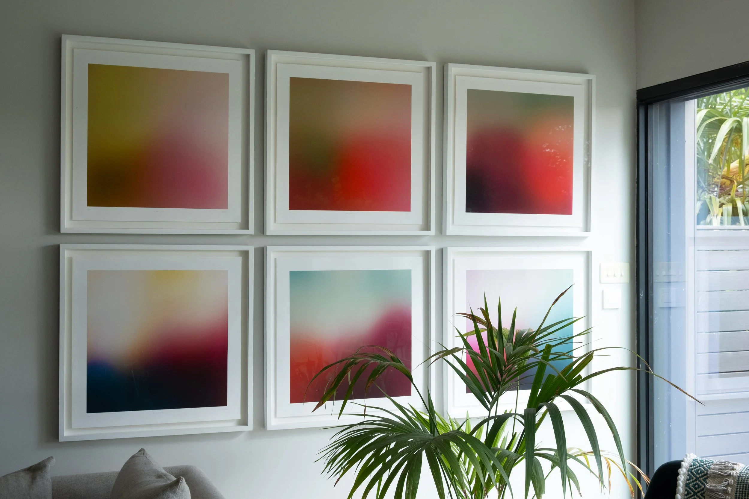 Living room wall with six abstract framed art pieces featuring gradient colors, a nearby window with a view of greenery, a green potted plant, and some cushions on a sofa.
