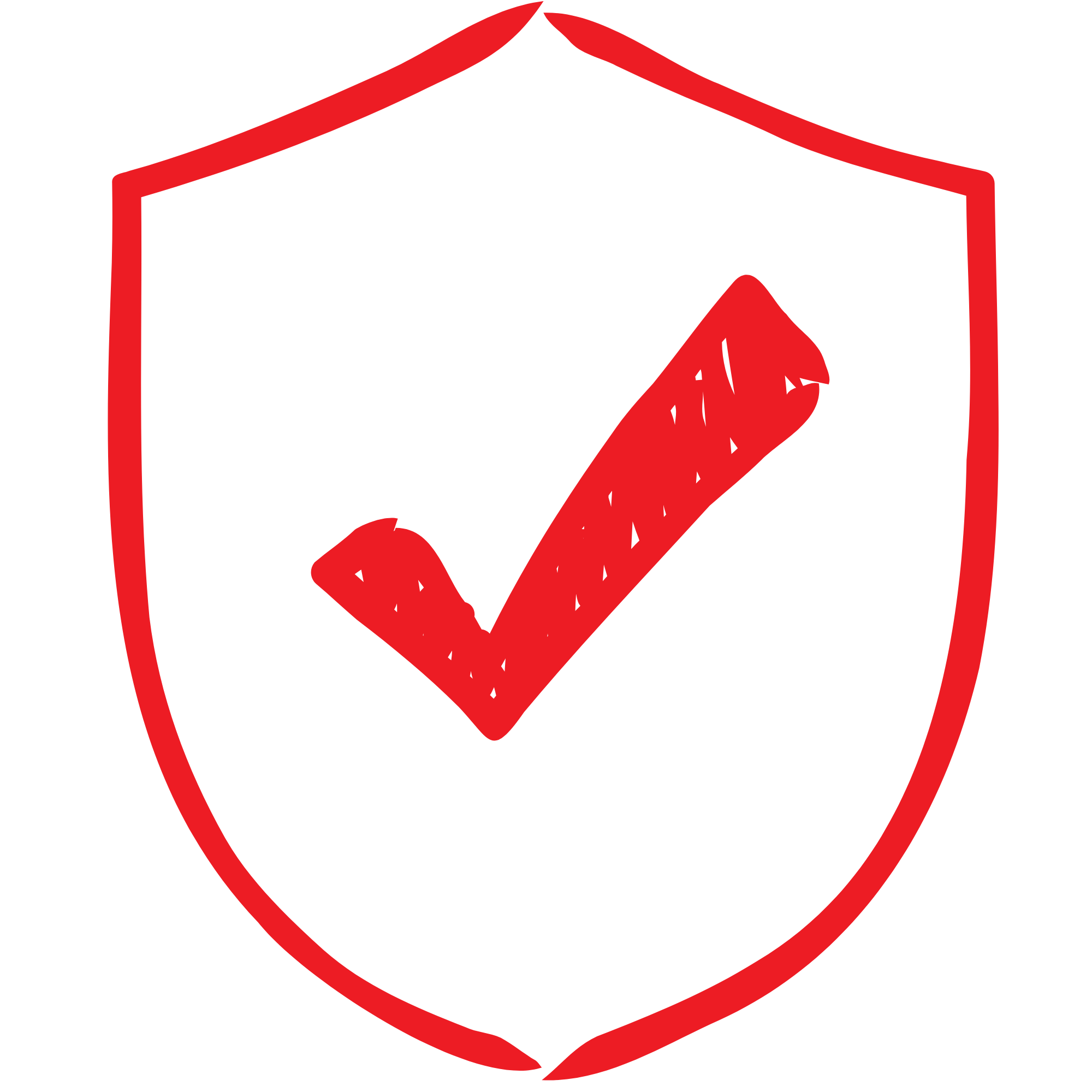 A black shield with a red outline featuring a prominent red check mark in the center.
