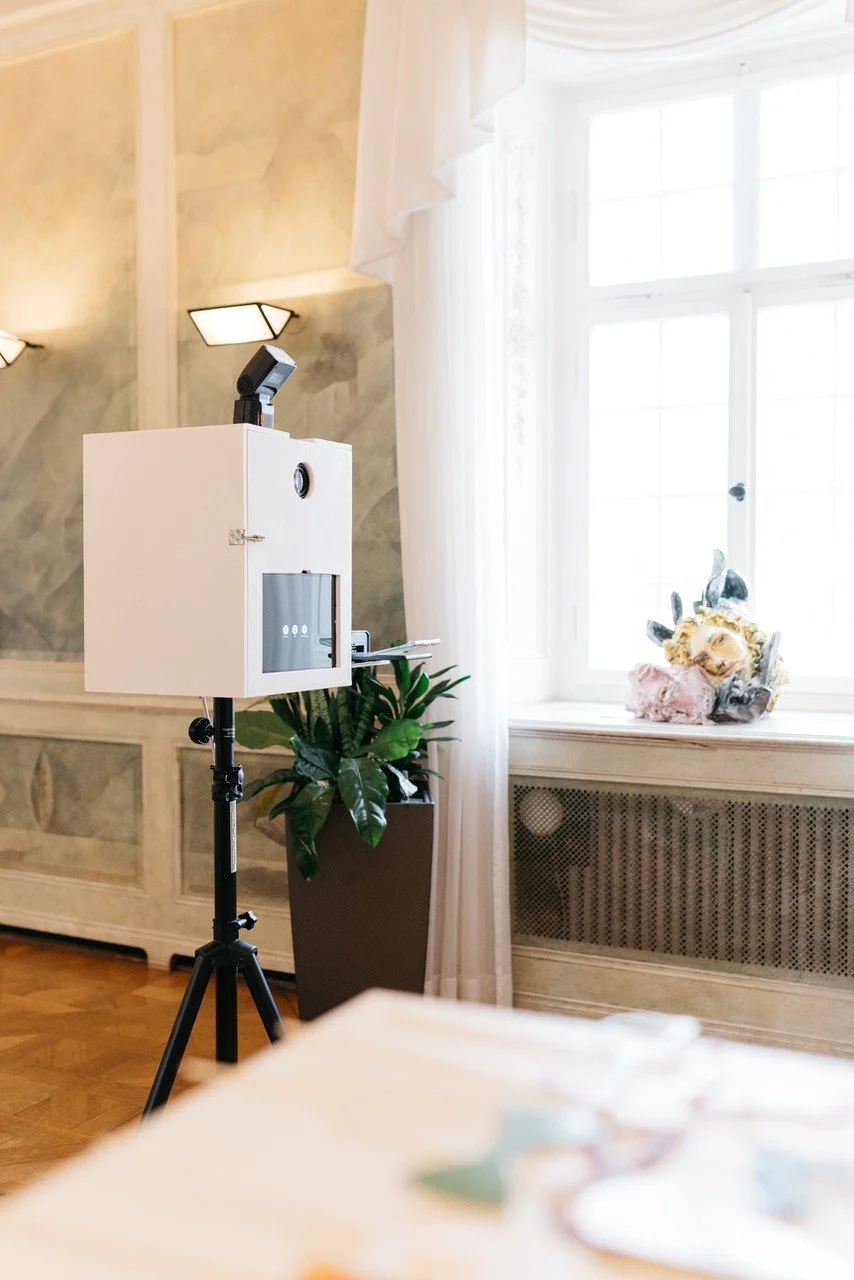 Ein Raum mit einer großen Fensterfront, einem weißen Kasten auf einem Ständer, einer Pflanze, und einer Fensterbank mit Steinen und einer kleinen Statue.