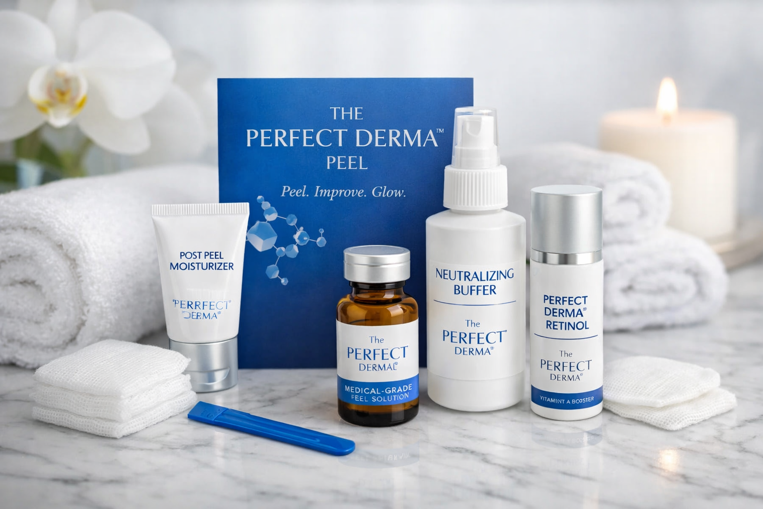 Skincare products including a bottle labeled 'Medical-Grade Feel Solution,' a neutralizing buffer spray, a retinol moisturizer, and post peel moisturizer, arranged on a marble surface with rolled towels, a spatula, orchids, and candles in the background.