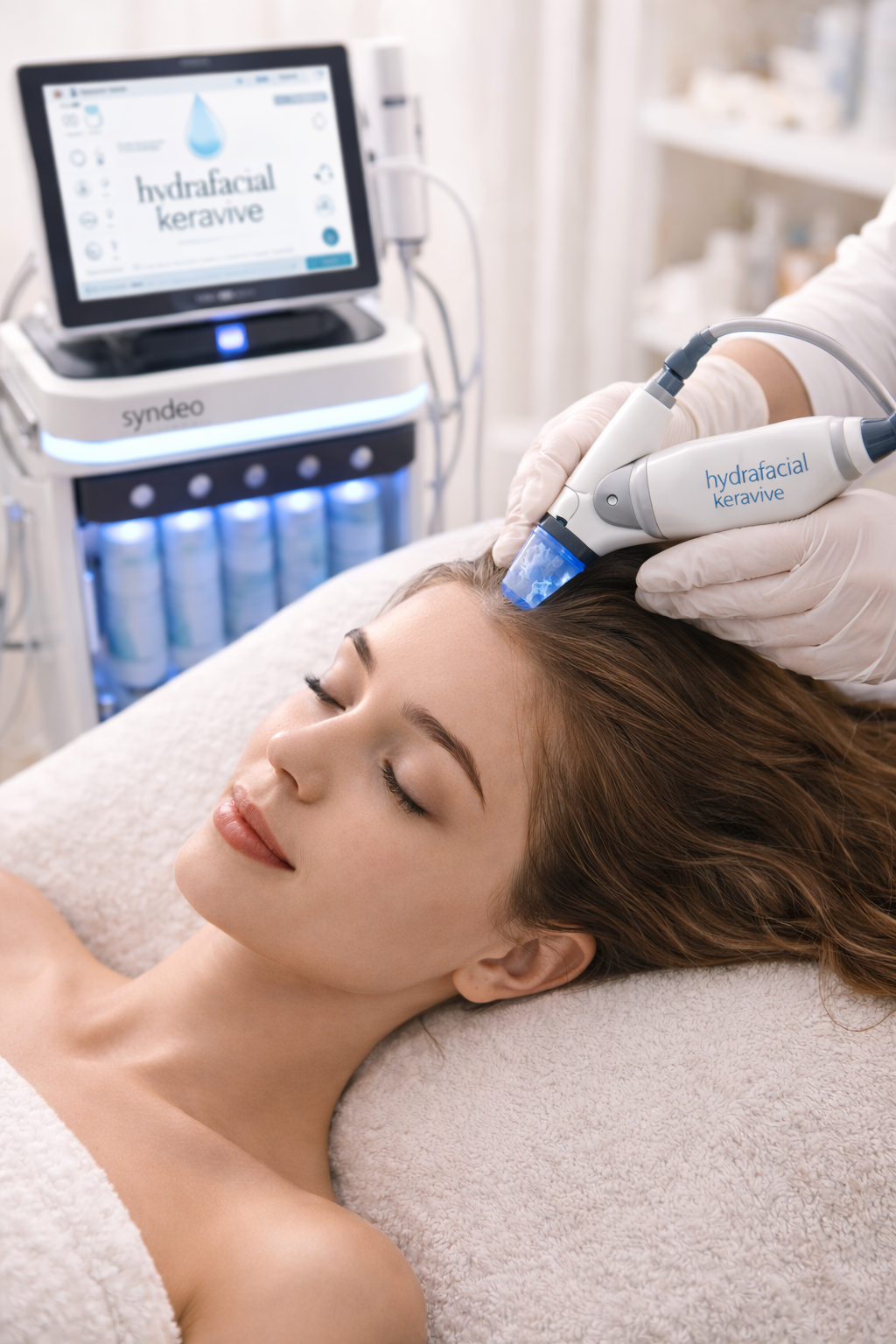 A woman receives a HydraFacial treatment on her forehead at a skincare clinic, lying on a treatment bed with her eyes closed, while a technician uses a HydraFacial device.