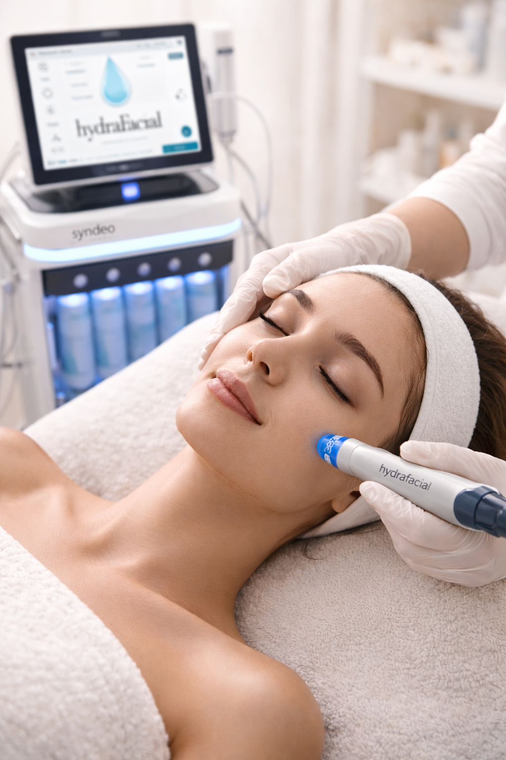 A woman receiving a hydrafacial treatment at a spa or clinic, with a skincare device labeled 'hydrafacial' being used on her cheek and a monitor in the background displaying the word 'hydrafacial' and a water droplet icon.