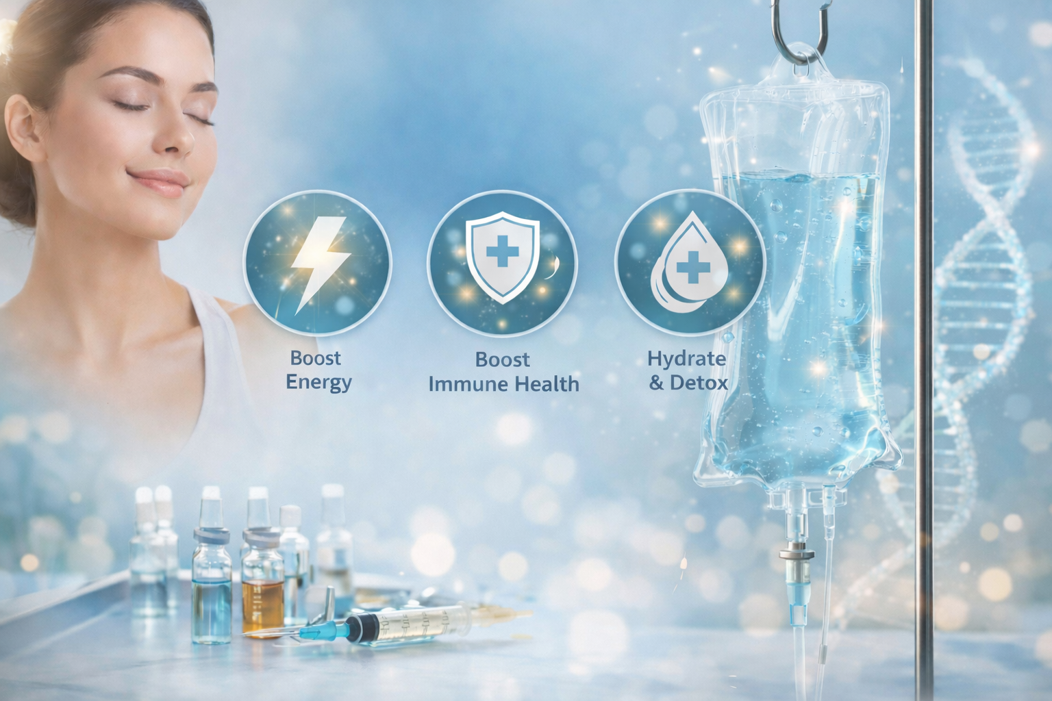 A woman with closed eyes smiling next to a digital overlay showing icons for boosting energy, immune health, and hydration/ detox, with an IV drip filled with blue liquid and DNA strands in the background.