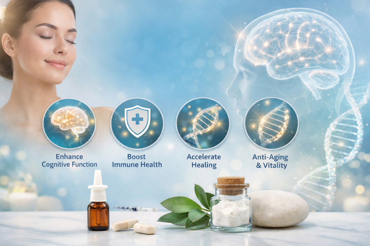 A woman with closed eyes smiling, with graphical icons above her representing cognitive enhancement, immune health, healing, and anti-aging benefits from supplements shown on a table with a vial, capsules, leaves, a jar of powder, and a stone.