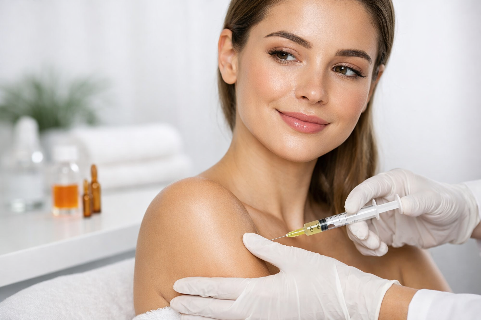 A woman receiving a vitamin injection in her shoulder from a healthcare professional wearing gloves, with medication vials and bottles in the background.