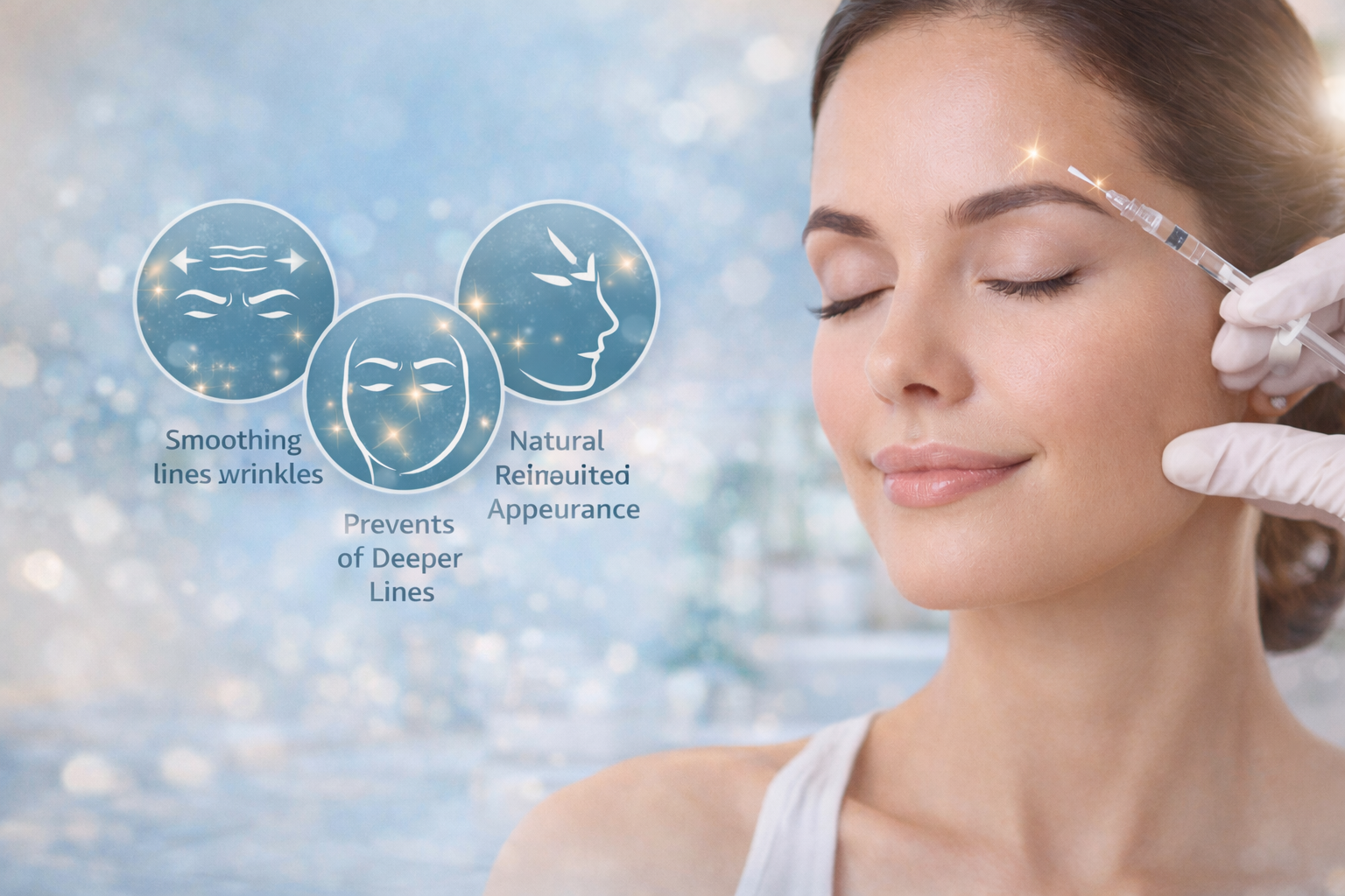 A woman receives a neurotoxins injection in a medical setting, with graphic icons indicating benefits like smoothing lines, preventing deeper lines, and natural rejuvenated appearance.