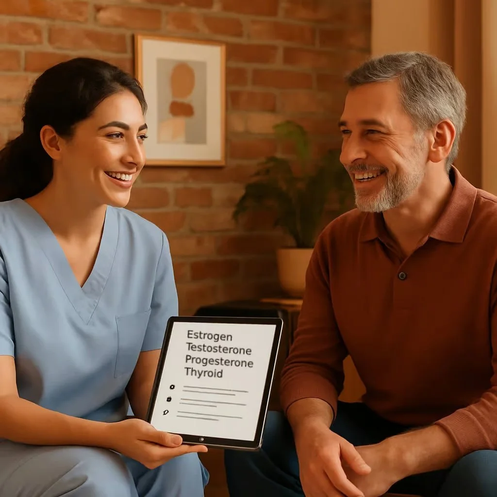 A female healthcare provider, dressed in light blue scrubs, holding a tablet displaying a list of hormones: Estrogen, Testosterone, Progesterone, Thyroid, while smiling and talking to a man with gray hair and a beard, wearing a brown shirt, who is also smiling. They are sitting in a room with a brick wall, a framed abstract artwork, and a potted plant in the background.