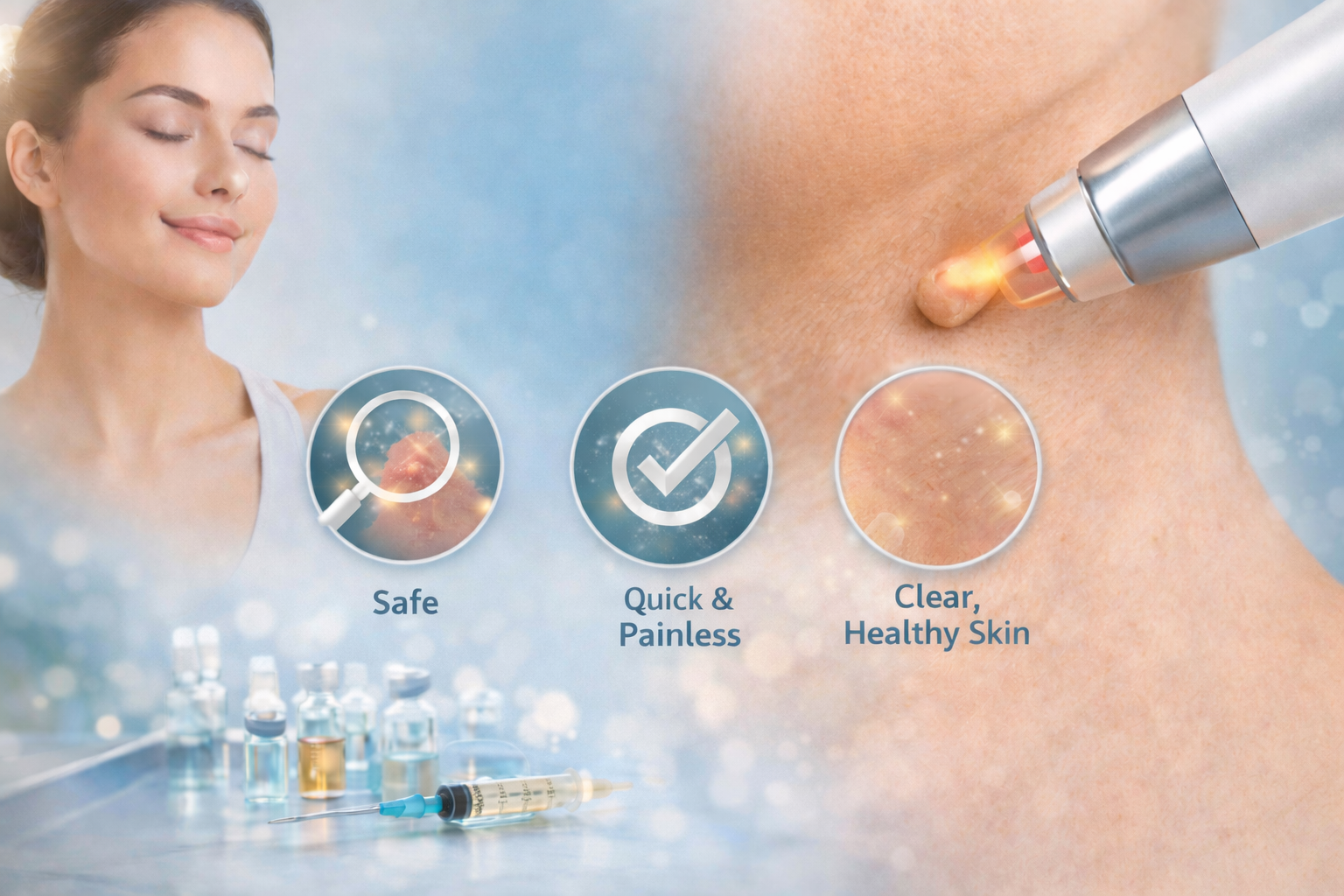 A woman with closed eyes, receiving a skin mole removal treatment with a device on her back, alongside icons indicating safety, quick and painless treatment, and clear healthy skin.