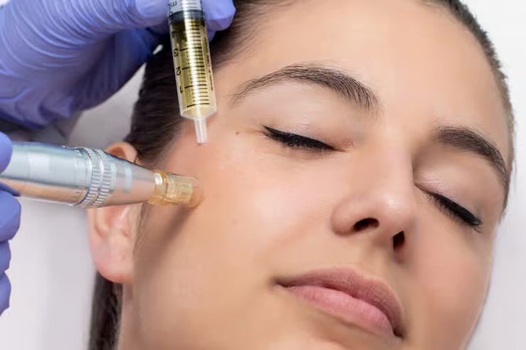 A woman receiving a cosmetic injection in her cheek during a facial treatment.