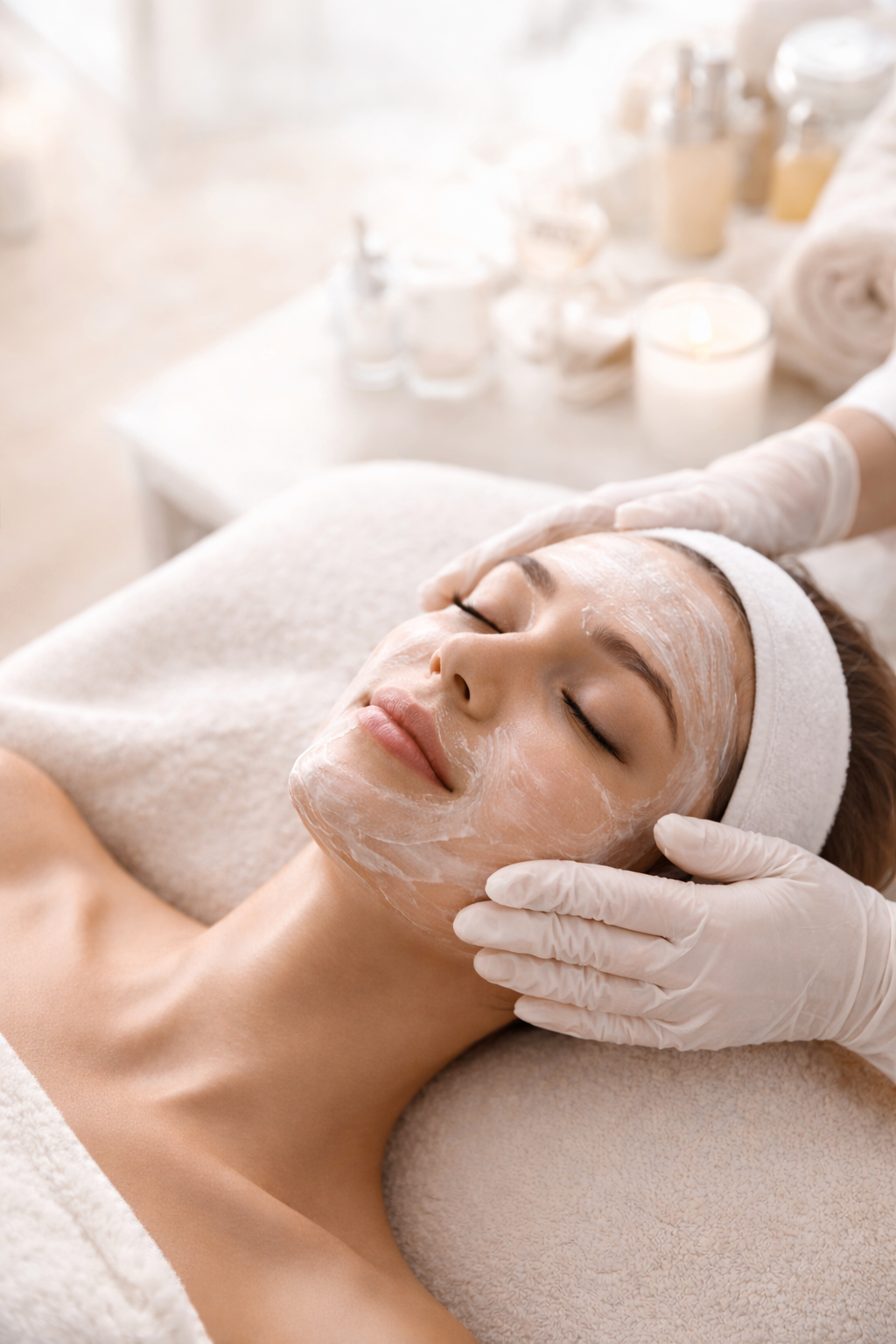 A woman lying down with eyes closed, receiving a facial treatment in a spa or skincare clinic, with a skincare professional applying a facial mask.