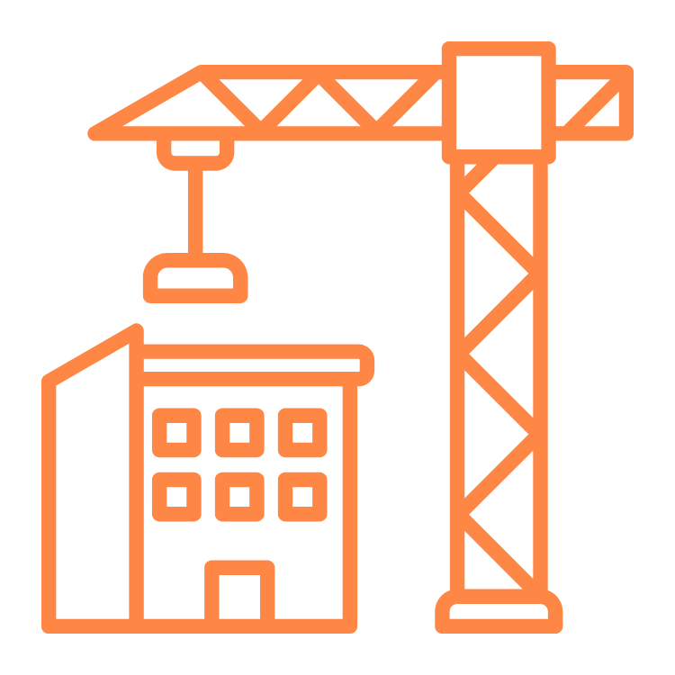 Outline of a construction crane lifting a load above a multi-story building