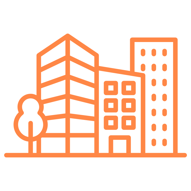 Line drawing of three modern buildings and a tree.