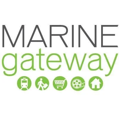 Marine Gateway logo with text and icons of a train, hiker, shopping cart, film reel, and house.