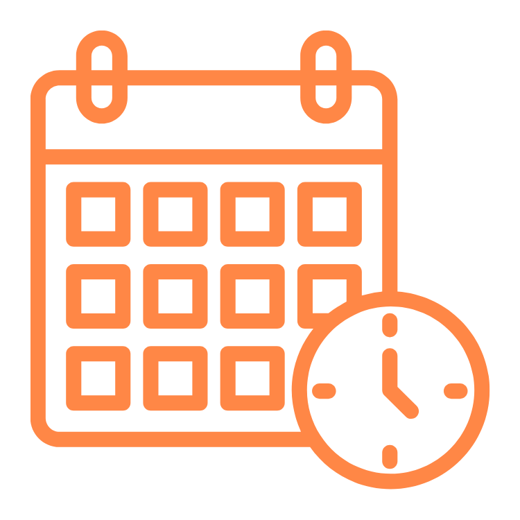 An orange calendar icon with a clock overlay, representing scheduling or date and time management.