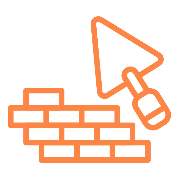 Outline of a trowel and a partially built brick wall, both in orange, representing construction or masonry work.