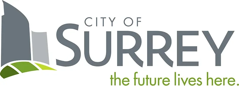 City of Surrey logo with a stylized building and green landscape, and the slogan "the future lives here."