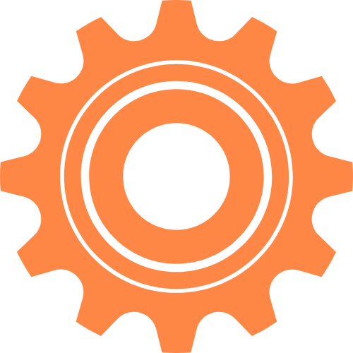A stylized orange gear with black inner circles.