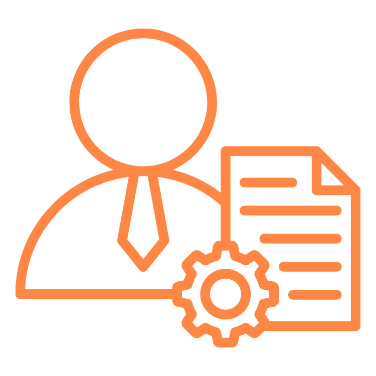 Outline icon of a person in a tie with a gear and document, representing settings or management.