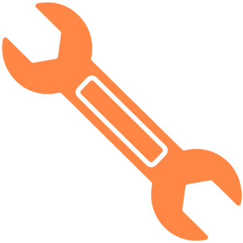 An illustration of an orange wrench with black outlines.