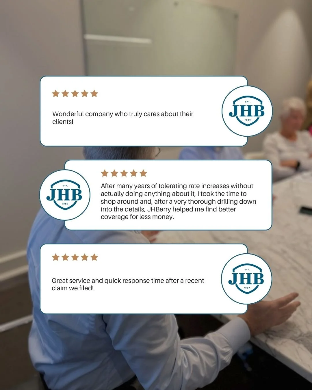 The greatest compliment we can receive is the trust of our clients.

Thank you to everyone who has taken the time to share their experience with JH Berry. Your feedback helps us continue delivering the personalized service, expertise, and risk manage