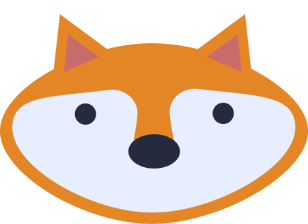 Cartoon depiction of a fox's face with orange fur, white cheeks, and black eyes.