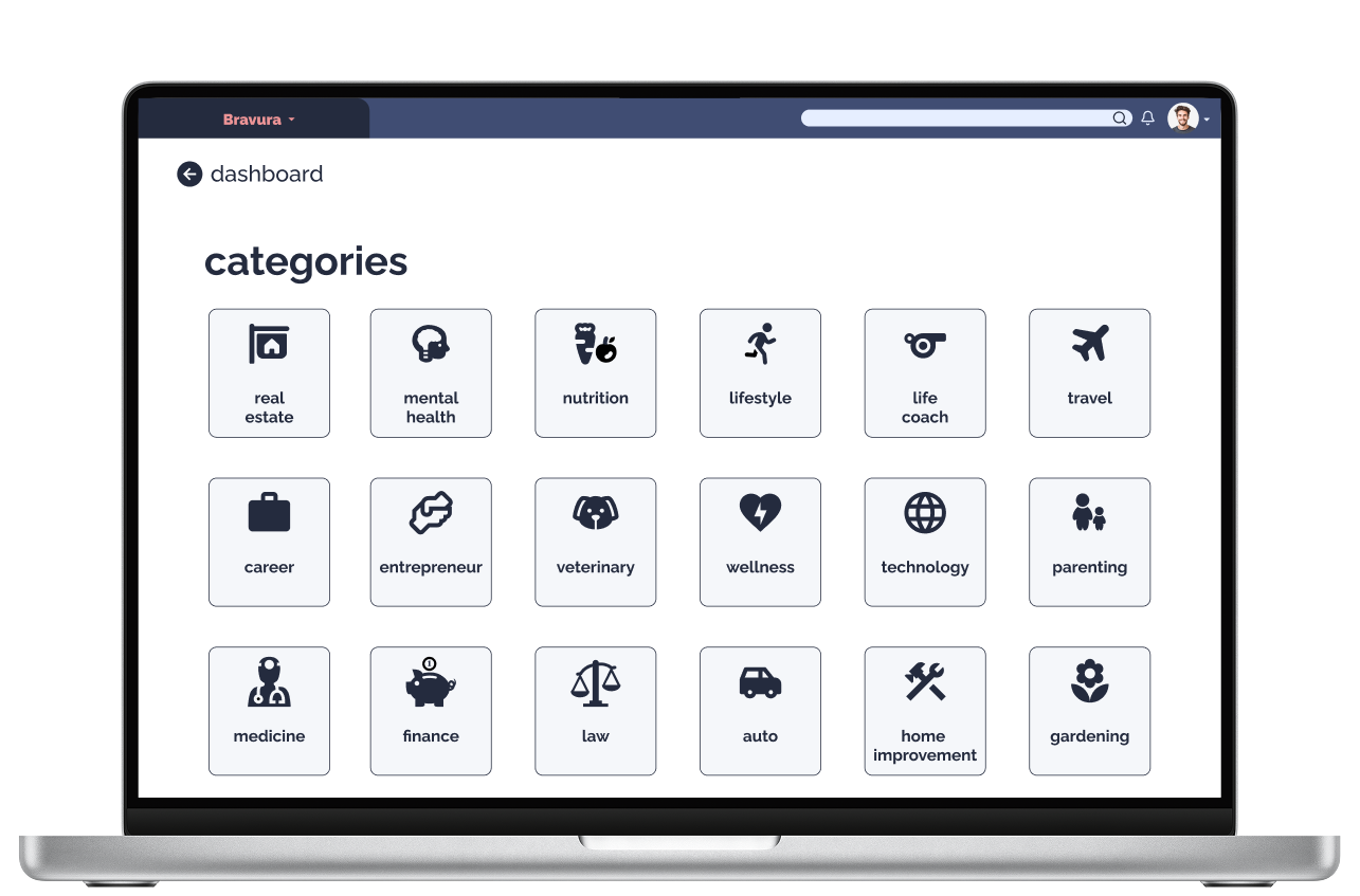 Laptop screen displaying a dashboard with categories for real estate, mental health, nutrition, lifestyle, life coach, travel, career, entrepreneur, veterinary, wellness, technology, parenting, medicine, finance, law, auto, home improvement, gardening.